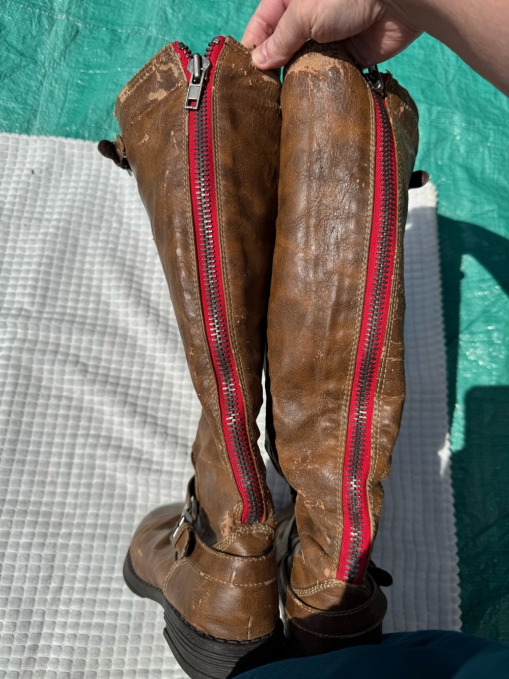 Madden Girl Brown Leather Knee-High Boots with Red Zippers